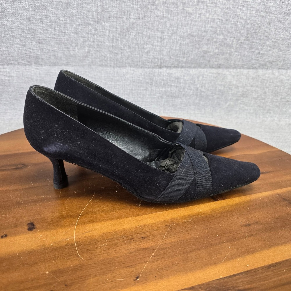 Stuart Weitzman Black Suede Kitten Heel Pumps Crisscross Strap 5W75626 Womens 7M